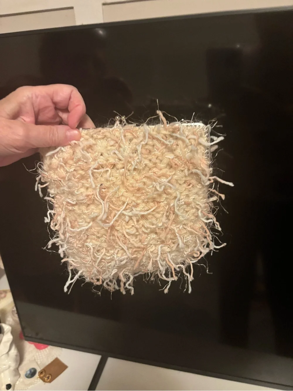 Handcrafted Peach Knit Fringe Wristlet Clutch